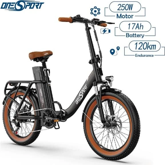 Onesport OT16 Elcykel - 250W, 17Ah batteri, 20x3" dæk, Sort