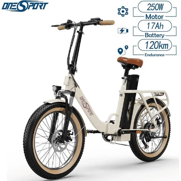 Onesport OT16 Elcykel - 250W, 17Ah batteri, 20x3" dæk, Hvid