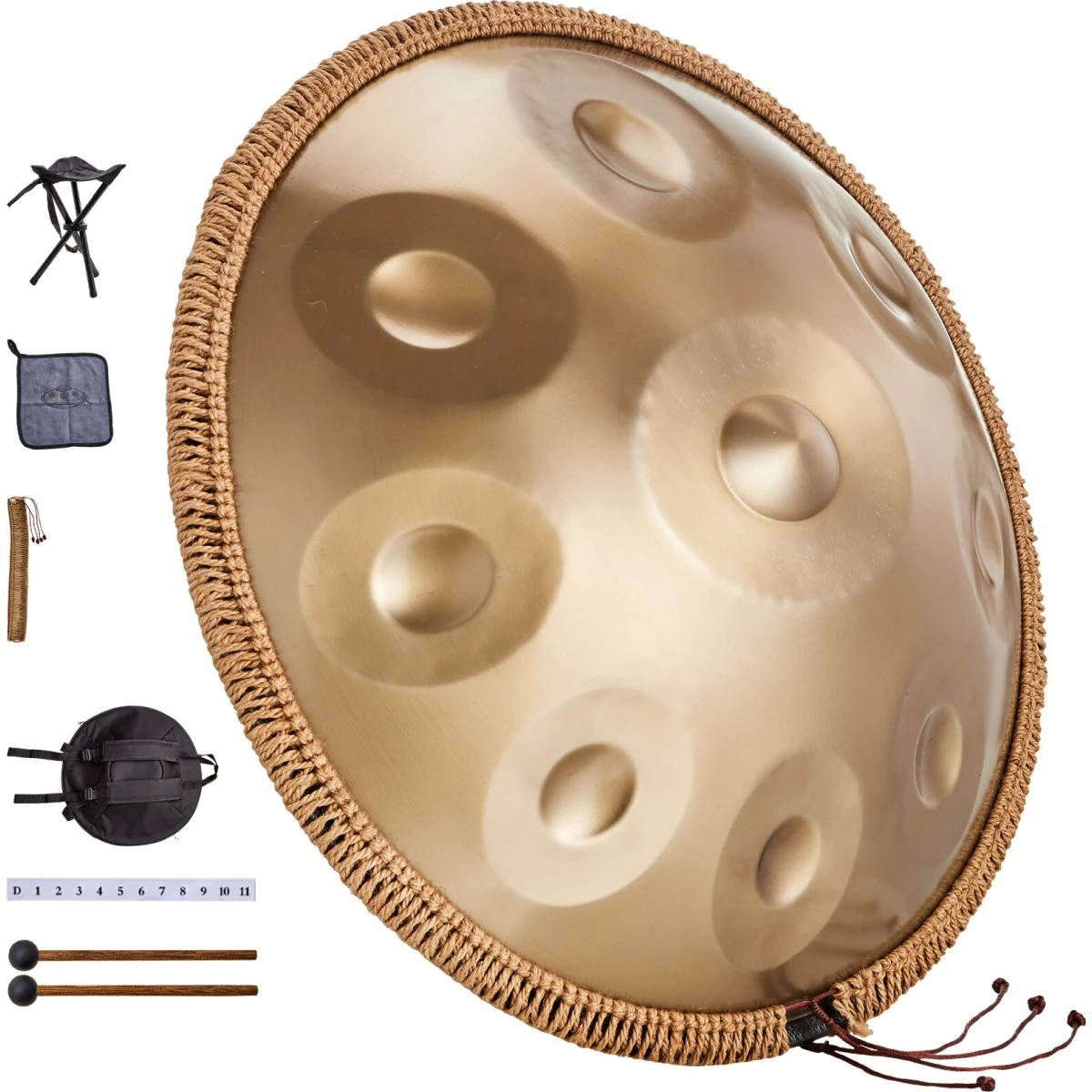 Handpan tromme, 22 tommer, gylden stål, 9 toner, D-mol