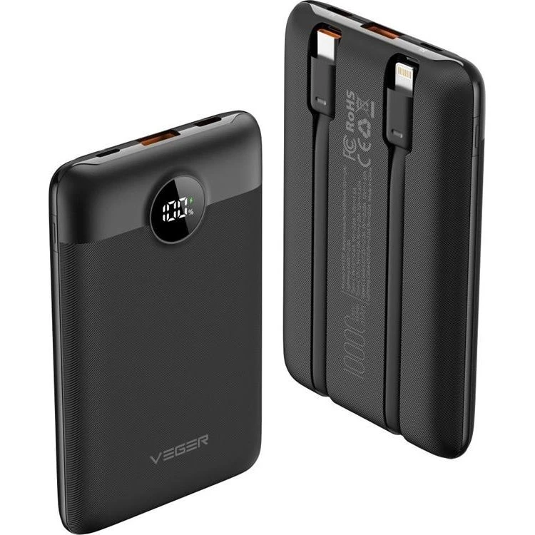 VEGER Powerbank 10000 mAh C11 22.5W med indbyggede kabler - Sort