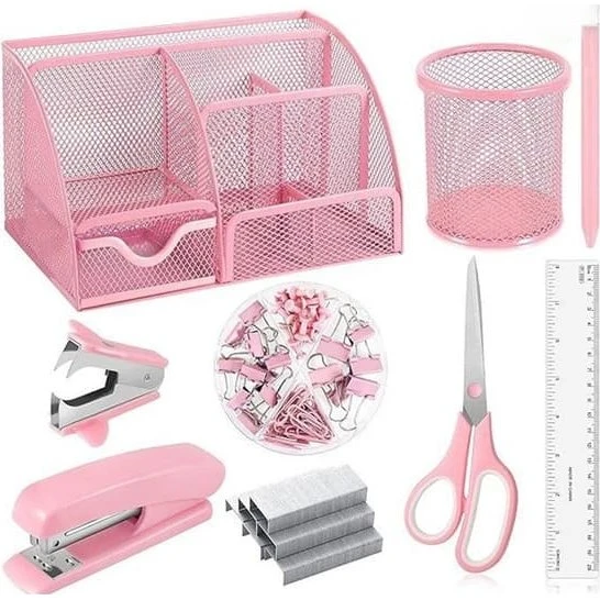 Pink Hæftesæt med kontortilbehør og tape dispenser