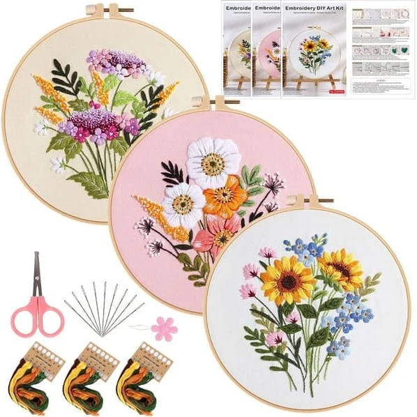 DIY Håndbroderi Startsæt - 3 Blomstermønstre & Værktøj