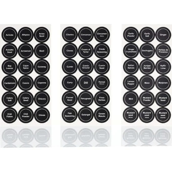 Sorte krydderiglasetiketter, 35 mm runde, 121x241 mm, 2 sæt