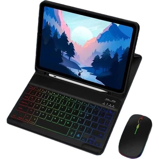 Blåt læderetui med RGB Bluetooth-tastatur og mus til iPad 12.9