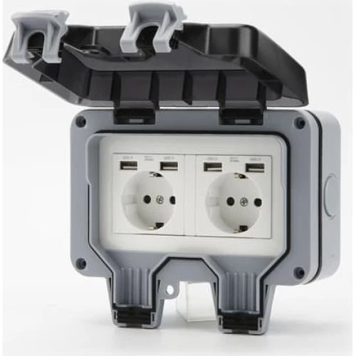 Vandtæt stikdåse med 4 USB-porte og Flip Protection, Gray