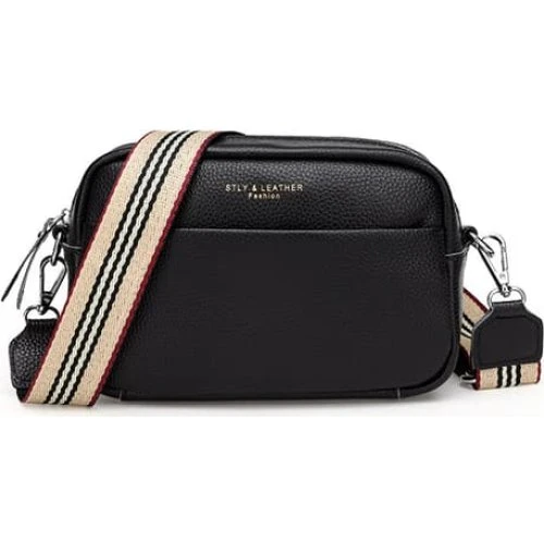 Crossbody-taske i ægte læder med mønstret skulderrem