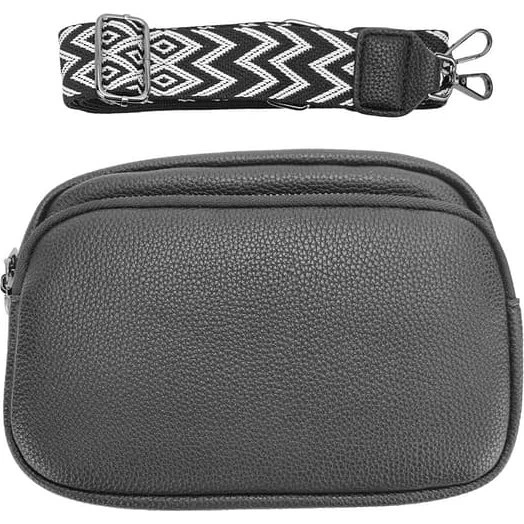 Crossbody taske i sort PU-læder med mønstret skulderrem