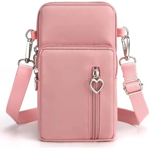 Skuldertaske til mobiltelefon i nylon - Pink, Størrelse M