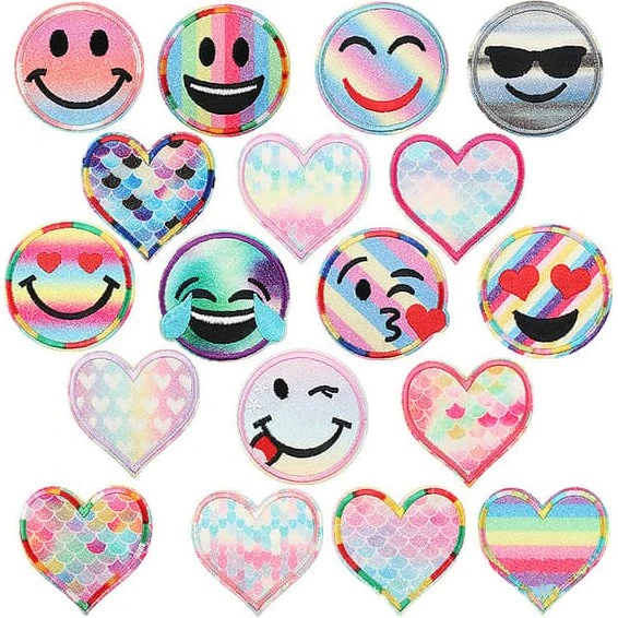 Broderede strygemærker, 18 stk. med smileys og hjerter