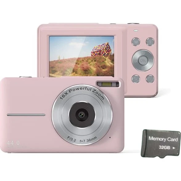 Digitalkamera 48MP 1080P med 16X zoom og 32GB kort - Pink