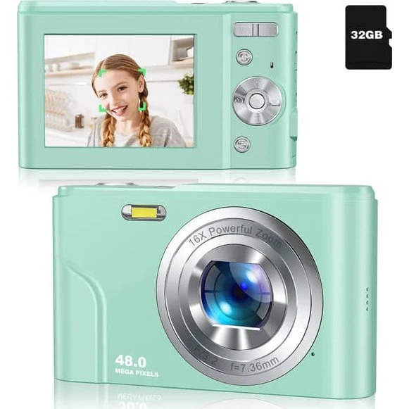 Digitalkamera 48 MP, HD 1080p, 16x zoom & hukommelseskort - Grøn