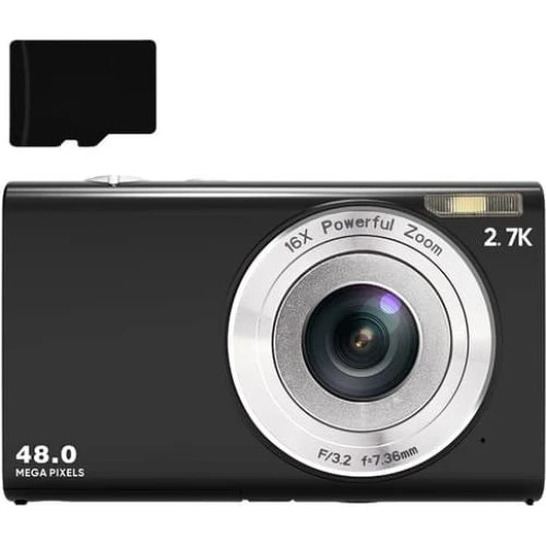 Digitalkamera 48MP 2.7K FHD med 16X zoom, sort