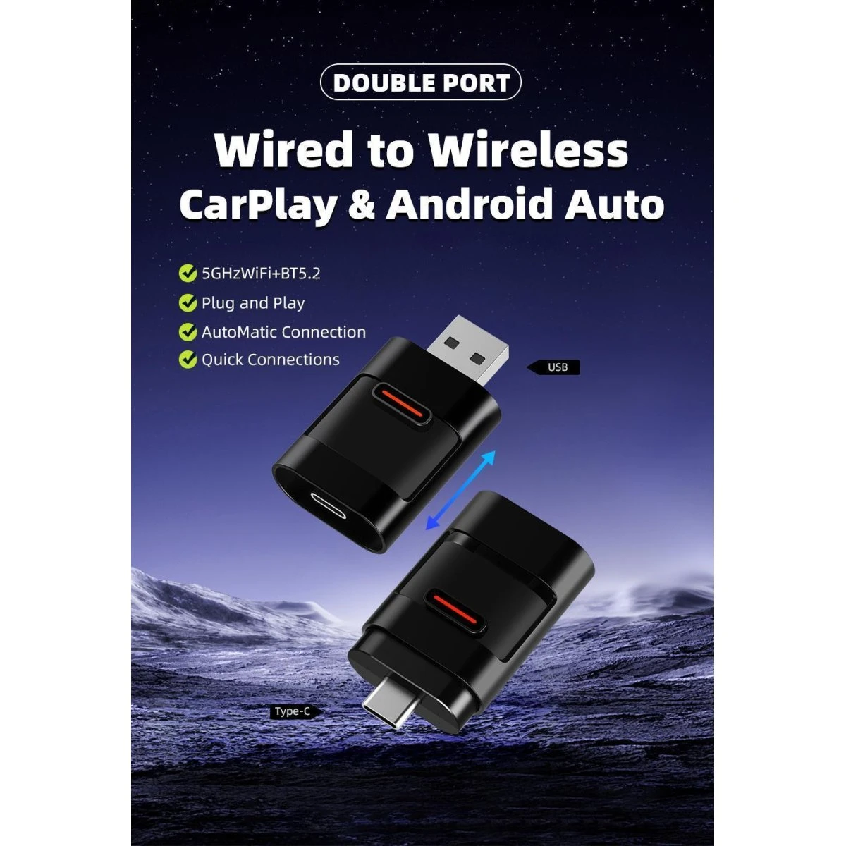 Mini trådløs CarPlay & Android Auto-adapter til iPhone & Android