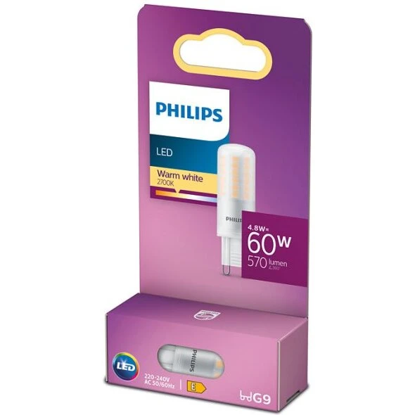 Philips LED G9 4,8W (erstatter 60W) varm klar hvid - ikke dæmpbar