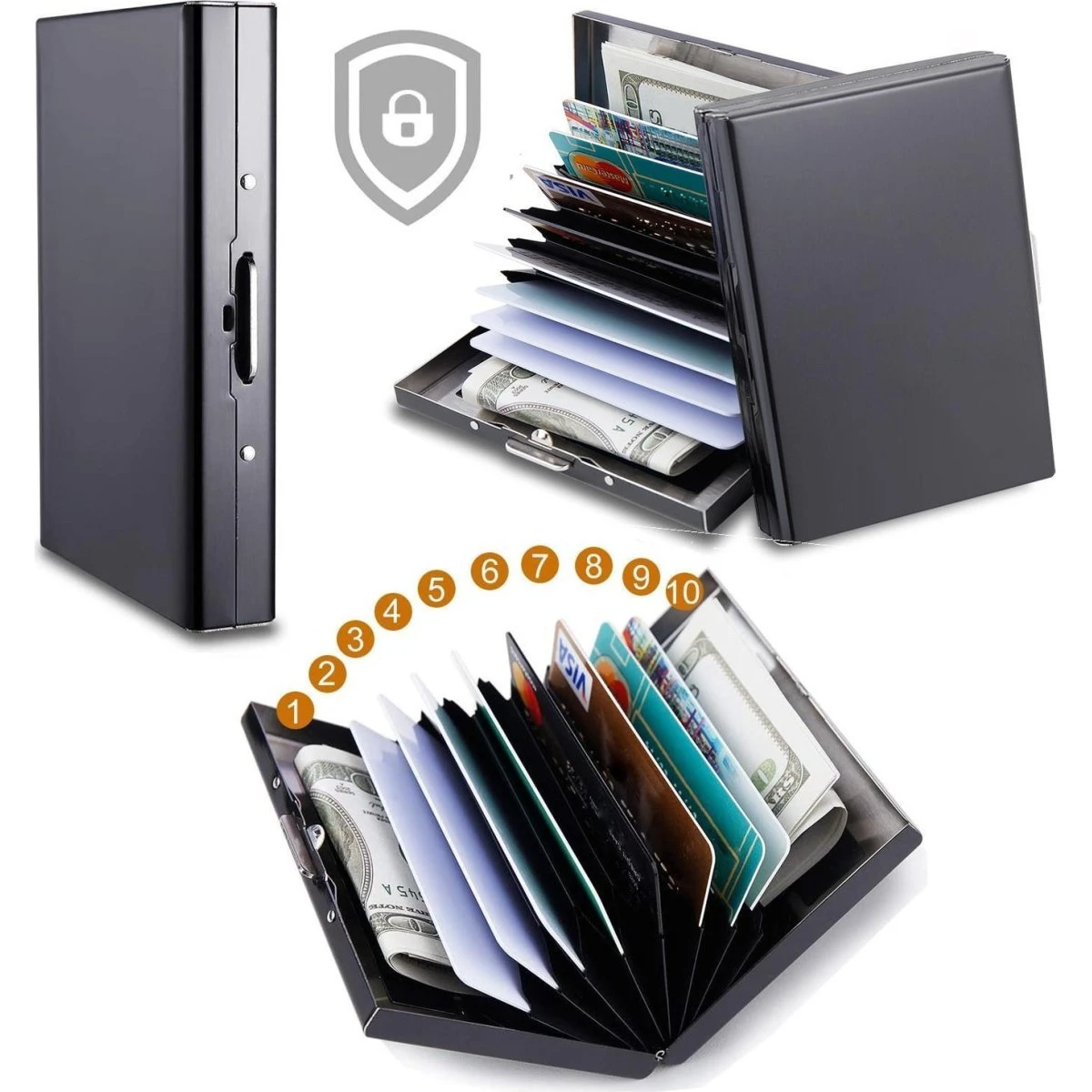 XL Rustfri Kortholder med 10 rum og RFID-beskyttelse