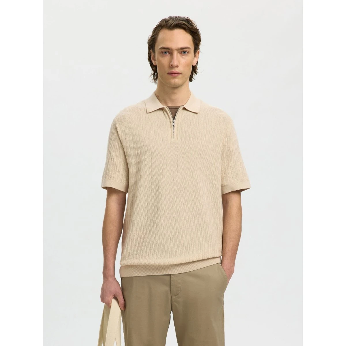SELECTED SLHCran Mørkebeige Strikket Polo med Halv Lynlås