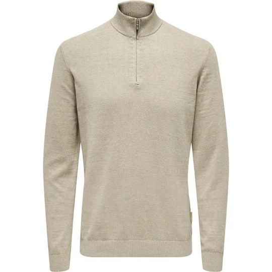 Only & Sons Onsloui Half Zip Striktrøje i Beige Melange