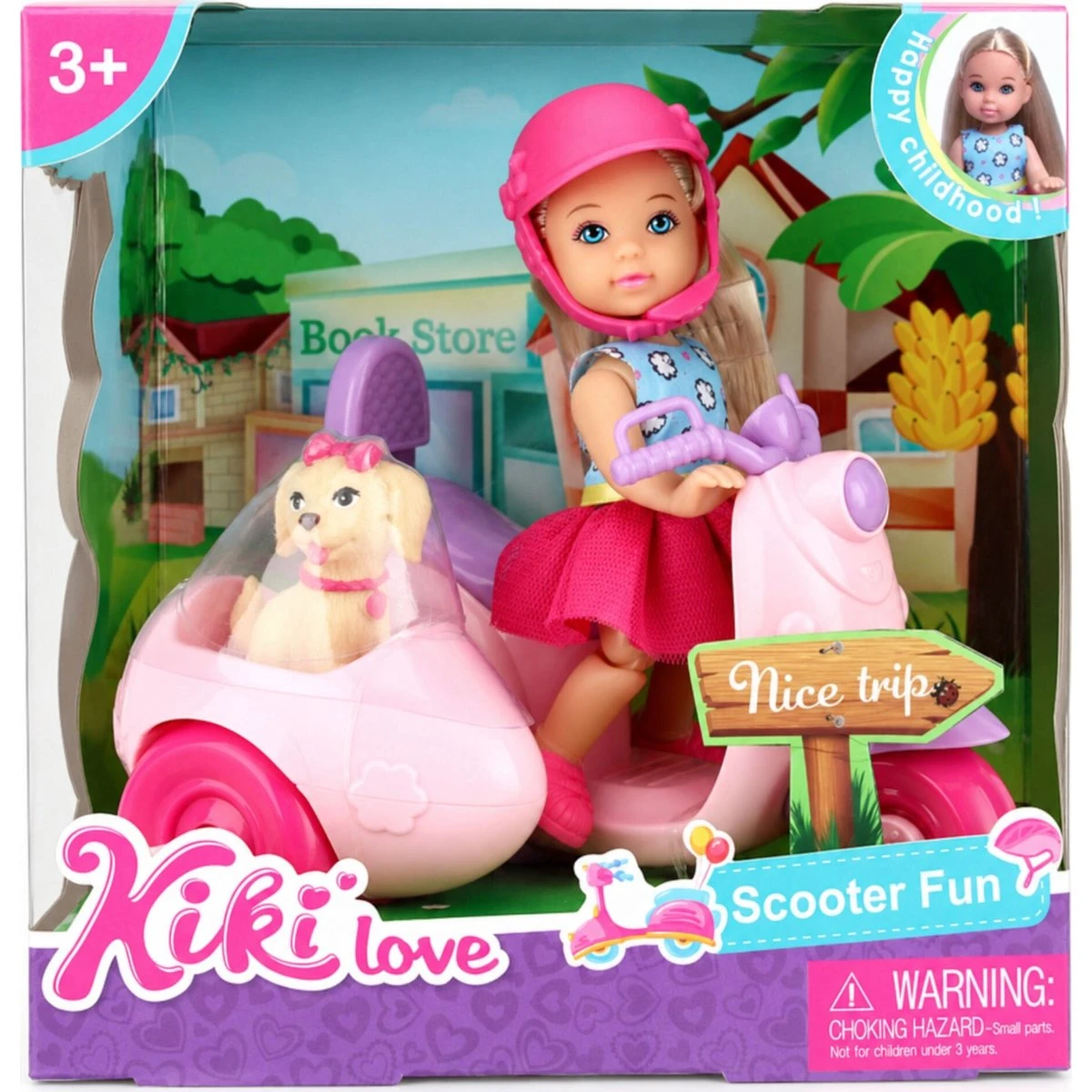 Kiki dukke med pink scooter og hund i sidevogn - 11 cm