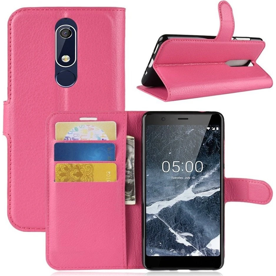 Nokia 5.1 etui i kunstlæder med Litchi-overflade - Rosa
