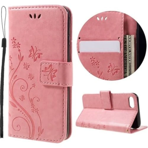 Butterfly Læderetui til iPhone 8 / iPhone 7 - Pink