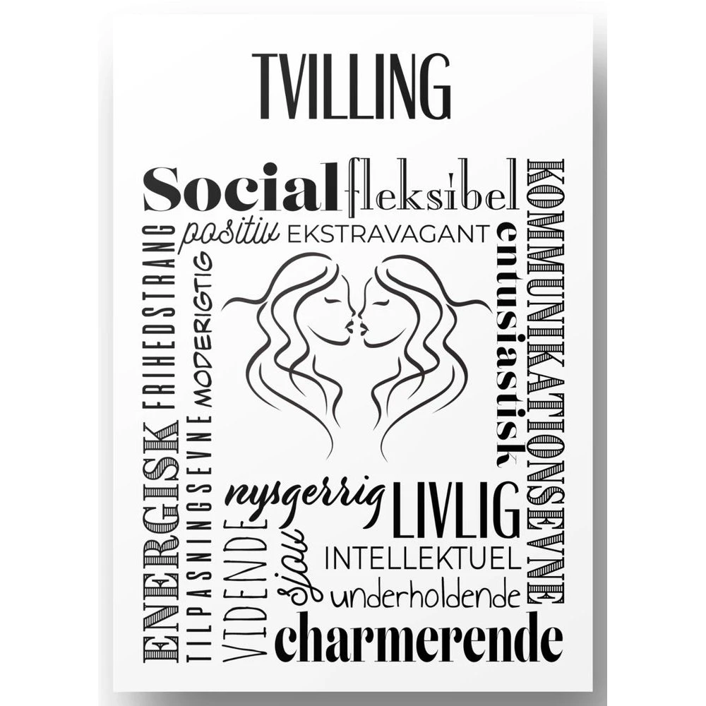Plakat A4 Tvilling Håndtegnet Stjernetegns Citat