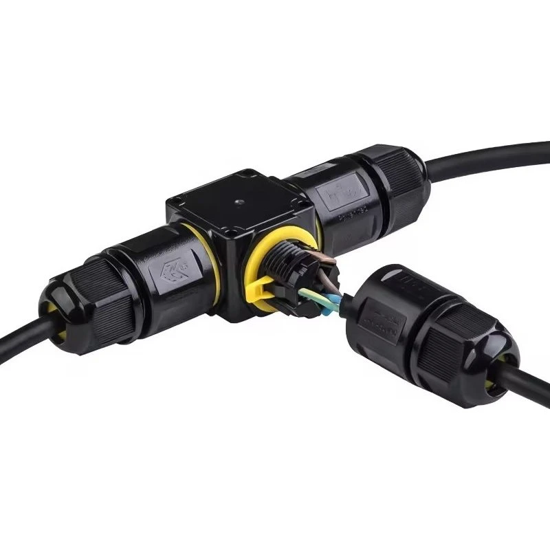 Sort T-samledåse, 3-ledet, IP68 vandtæt, Ø4-8mm kabel