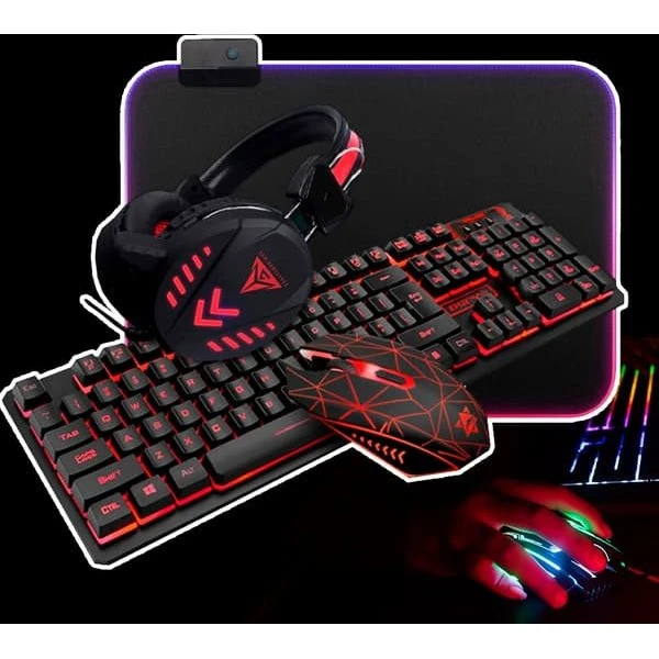 4-i-1 Gamer Sæt med LED-tastatur, mus, headset og musemåtte