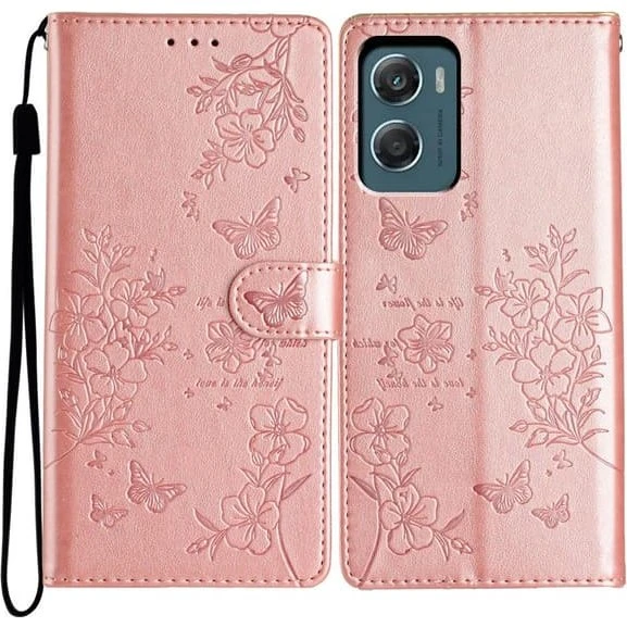 Motorola Moto G06 4G Etui med Pung - Sommerfugl & Blomster - Rødguld
