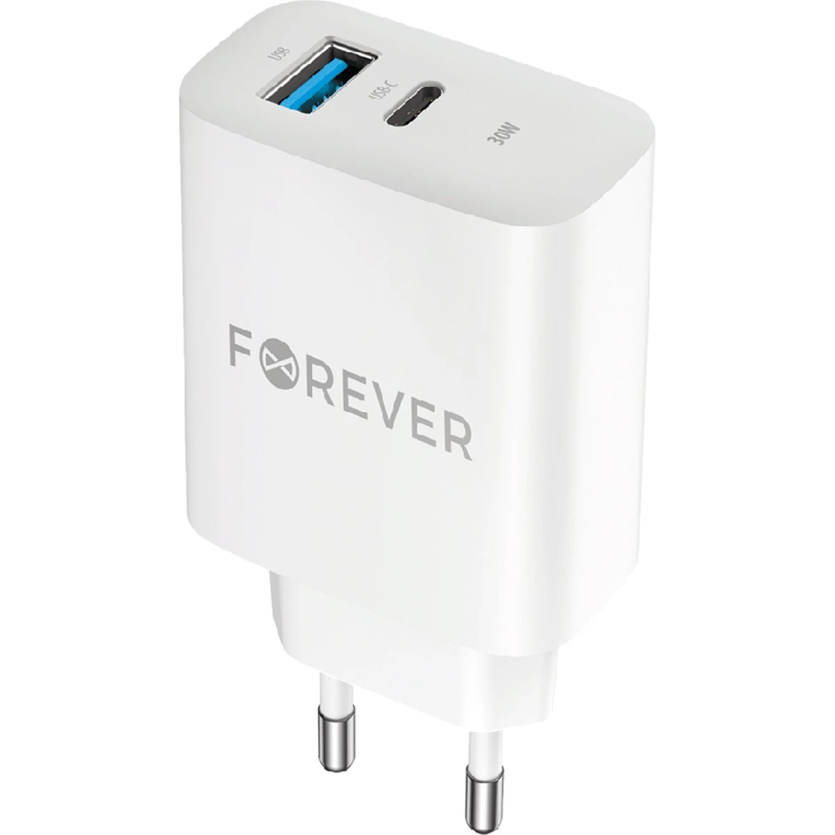 Forever 30W Vægoplader med USB-C PD & USB-A QC - Hvid