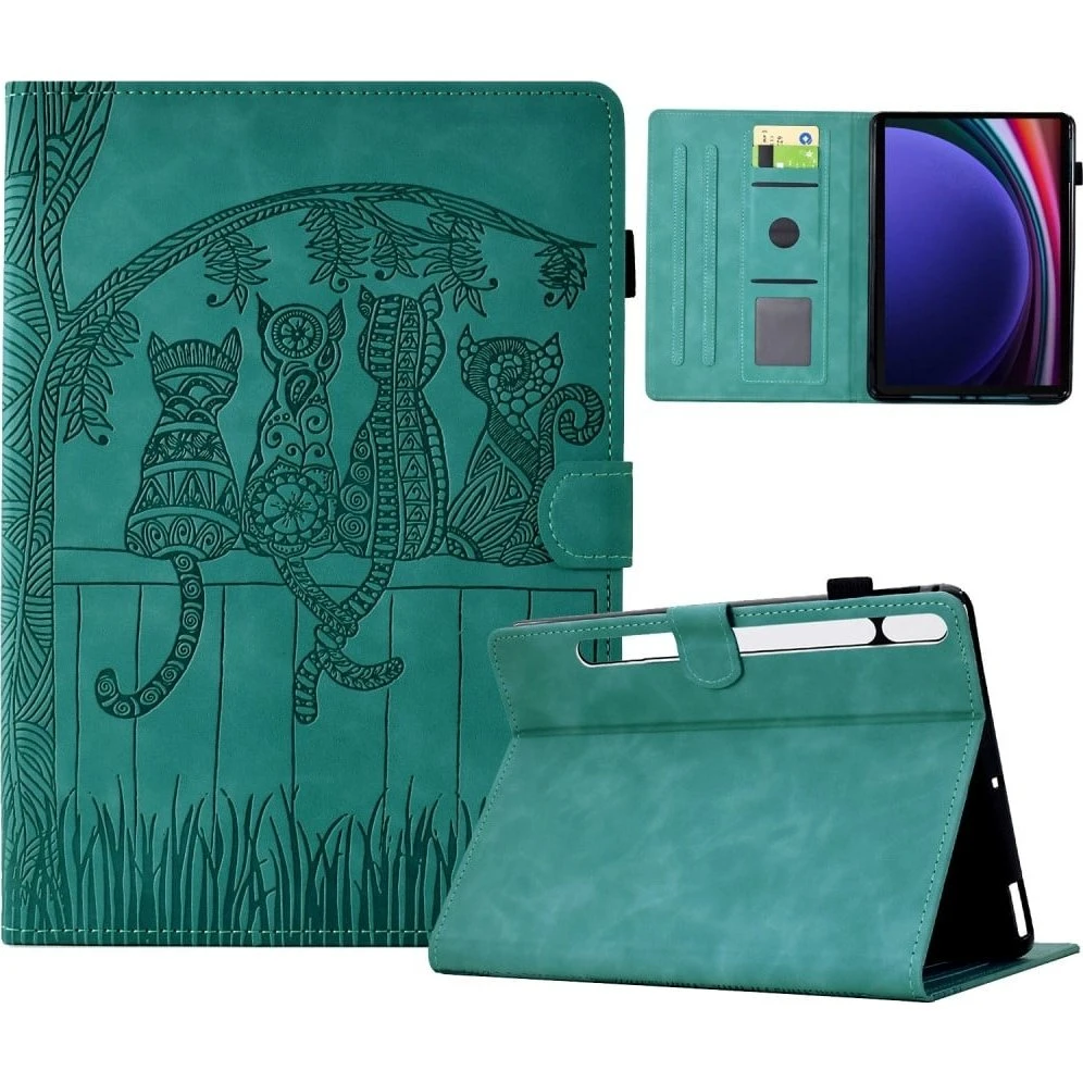 Samsung Galaxy Tab S9 Etui med Katteprint - Babyblå Vegansk Læder