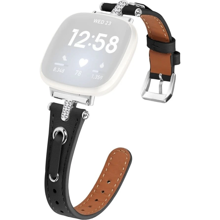 Fitbit Versa 4 / Sense 2 rem i sort ægte okselæder med rhinsten