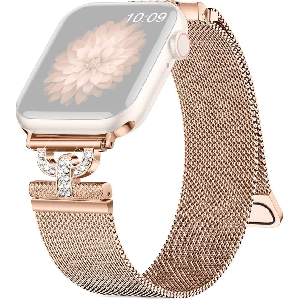 Apple Watch Series 9 / Ultra 2 Rem i Rødguld Milanese med Rhinestones