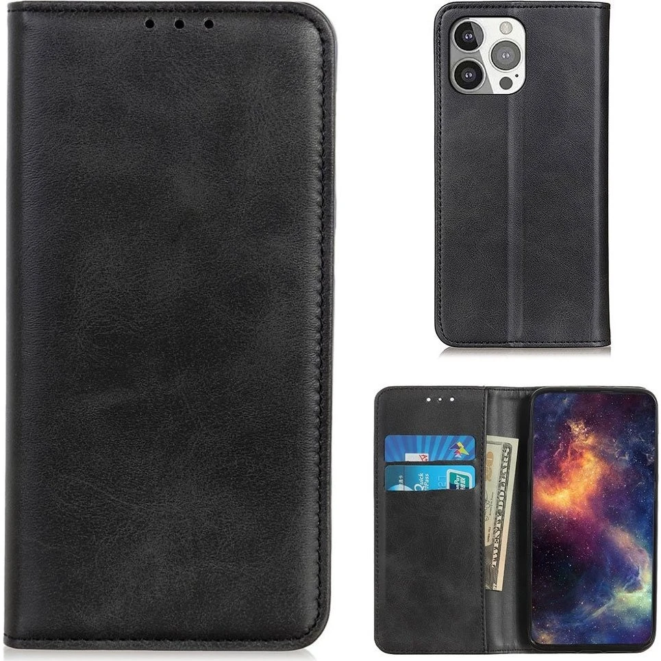 iPhone 13 Pro Flip etui i ægte læder med pung – Sort