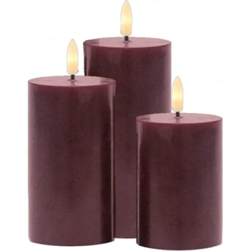 Sirius Sille Genopladelige Bloklys Bordeaux - 3 stk. - Ø7,5 cm