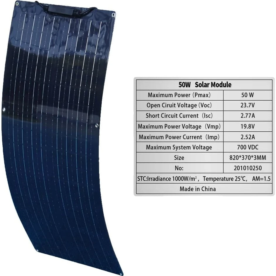 50W Fleksibelt Solpanel, Vandtæt, 19,8V