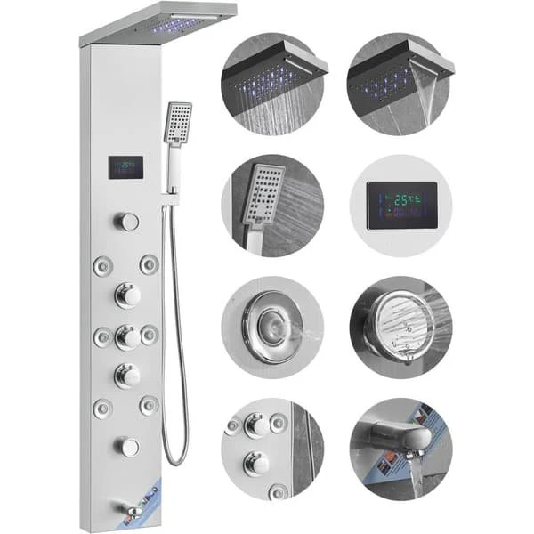 Brusepanel Tower System i rustfrit stål med 6 funktioner og LED