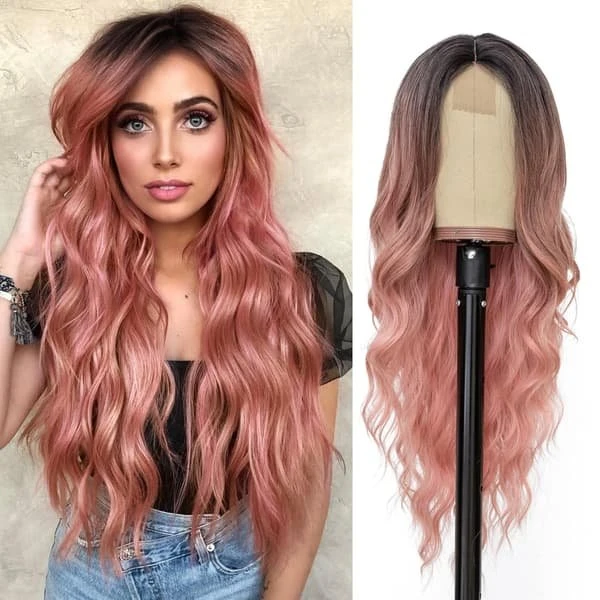 Lang Ombre Pink Bølget Paryk - 66 cm med naturlig hårgrænse