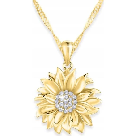 Guld halskæde Flower of Life Solsikke i 925 sølv og Cubic Zirconia