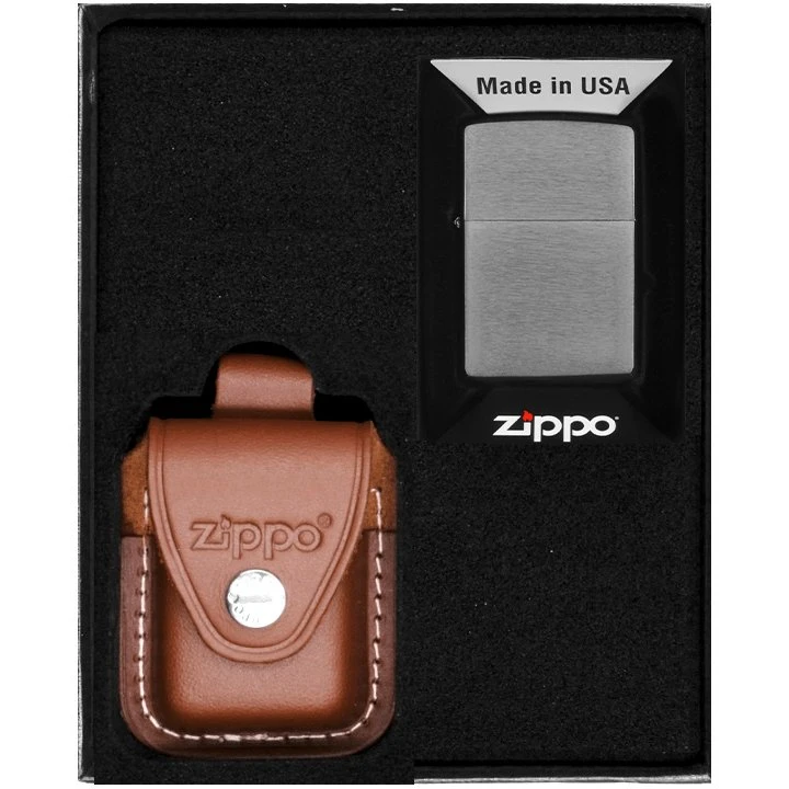 ZIPPO Lighter Børstet Krom Gavesæt Nr. 2 med læderetui