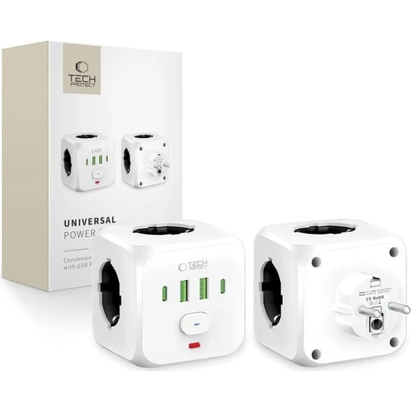Tech-Protect PCL3X4 Stikdåse med 3x AC, 2x USB-A og 2x USB-C, hvid