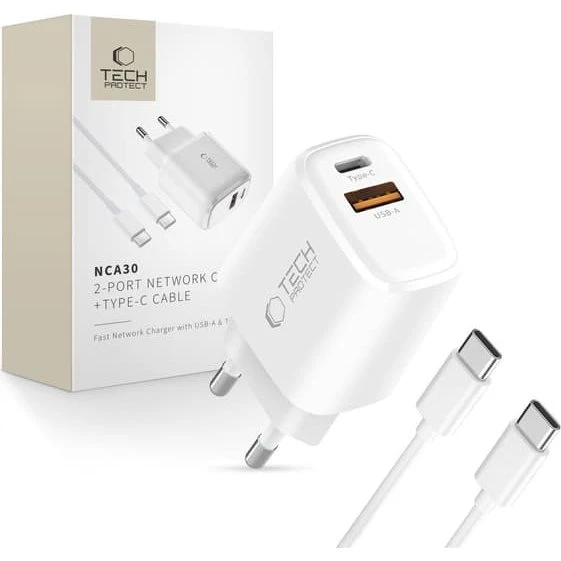 Tech-Protect NCA30 30W 2-port vægoplader med USB-C kabel - Hvid