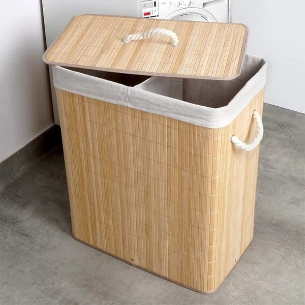 Bambus vasketøjskurv med 2 rum, 90L, beige