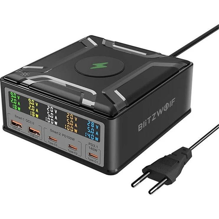 BlitzWolf BW-S28 260W Ladestation med 5 porte og 15W trådløs