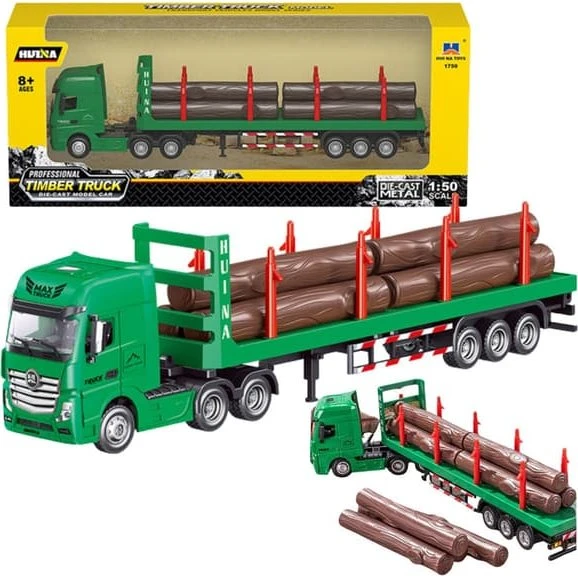 Timber truck model 1:50 metal/plast med slægvogn og træstammer 29 cm