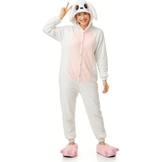Kigurumi Kanin Pyjamas Kostume - Hvid/Pink, M (155-165cm)