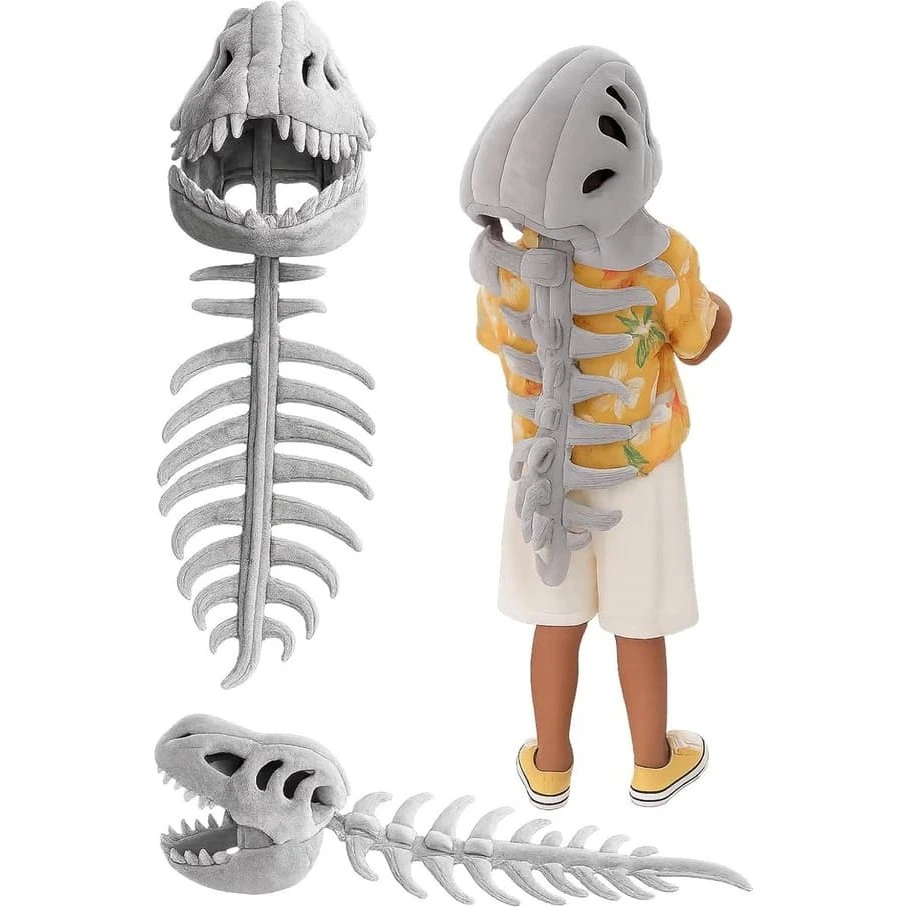 Dino Skelet Udklædning – Plys Dinosaur Kostume med Kraniehat, Grå M