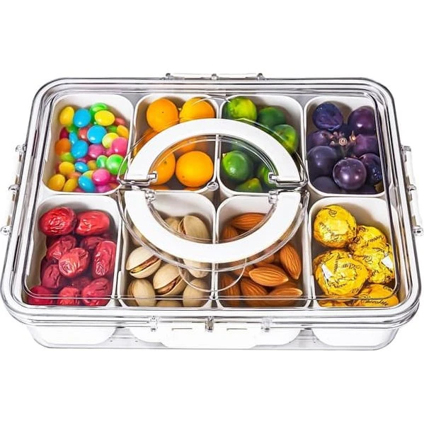 Opdelt snackboks med 8 aftagelige rum og håndtag