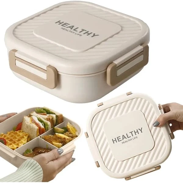Madkasse 3 rum med bestik, beige, 19 cm
