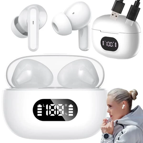 F05 Trådløse Bluetooth In-ear Hovedtelefoner med LED-etui - Hvid