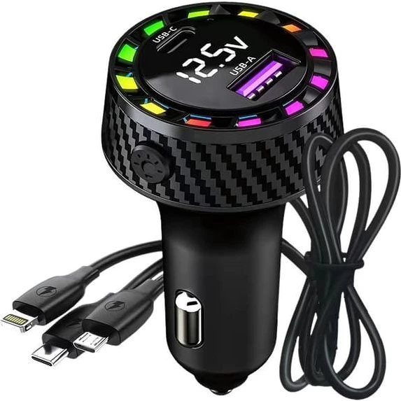 Billader USB-C 14W + USB-A 15W med 3-i-1 kabel til cigarettænder